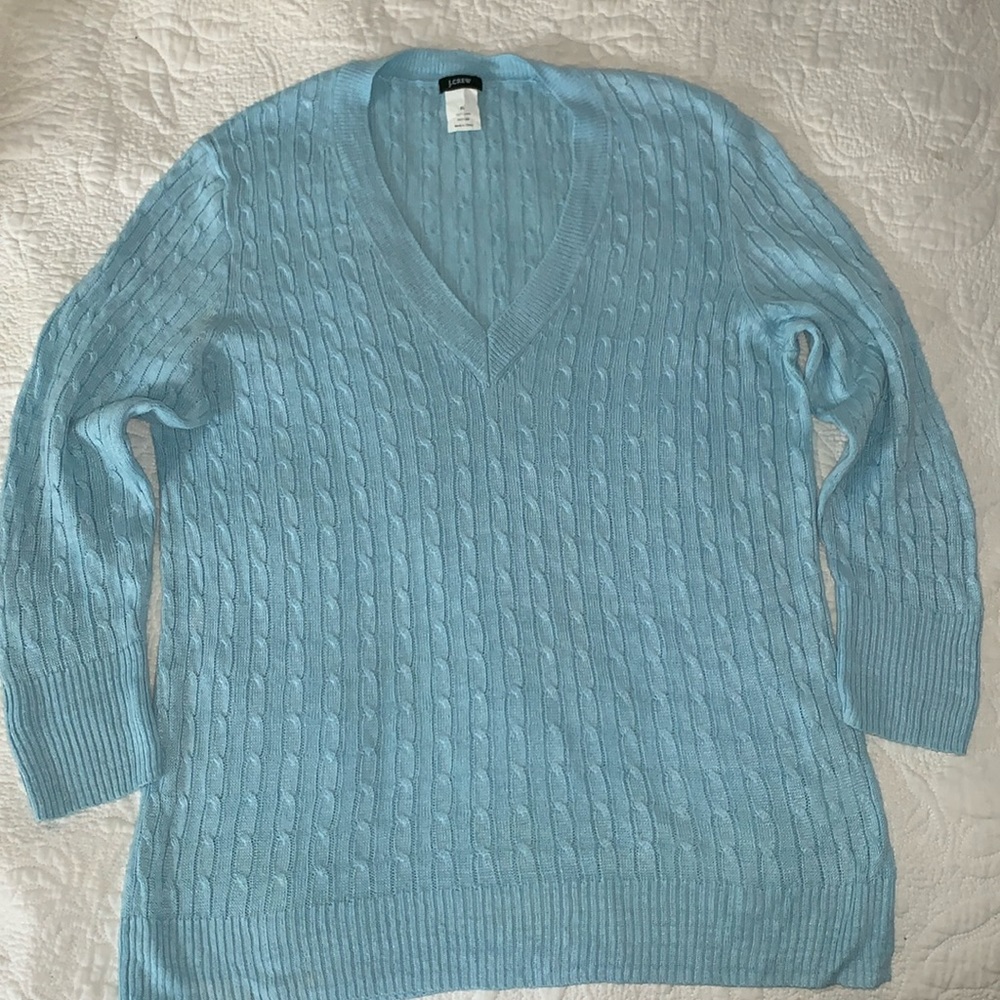 J. Crew Linen Cable Knit V-Neck Sweater in Beautiful Turquoise, 3/4 Sleeves